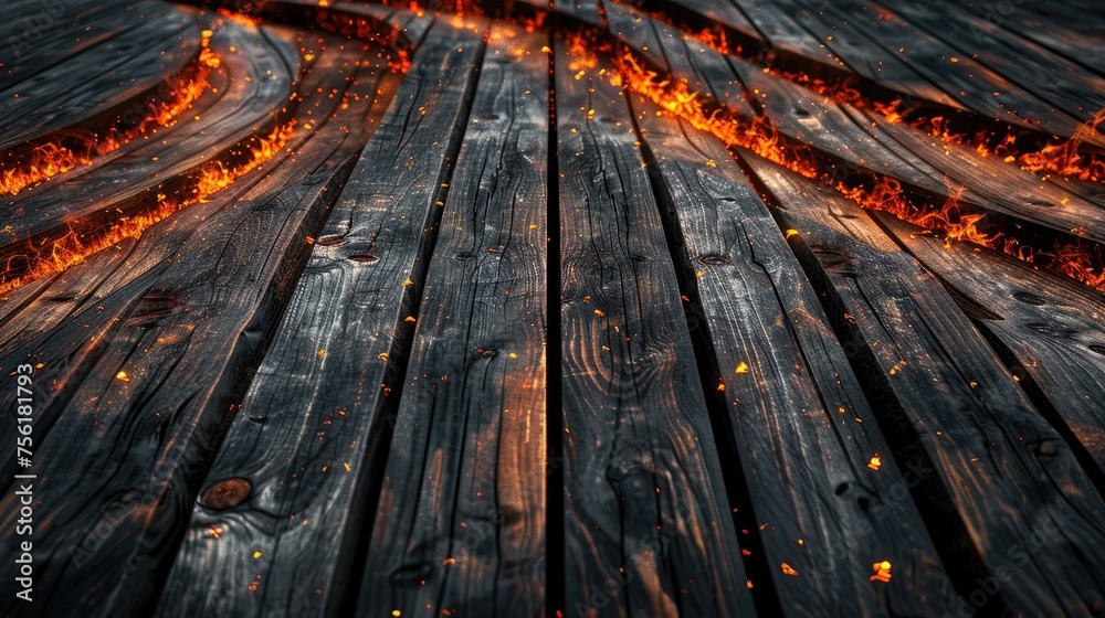 Wooden background with a gentle curve adorned by glowing embers. Ai Generated Wooden background with a gentle curve adorned by glowing embers. Ai Generated