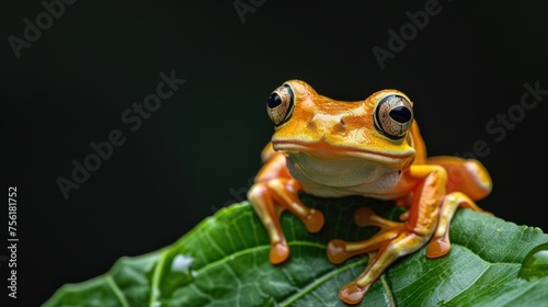 Adorable tree frog perched on a leaf against a black backdrop, Ai Generated.