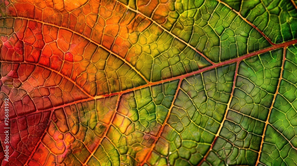 Obraz premium Close-up of an autumn leaf's intricate texture, showcasing vibrant hues. Ai Generated
