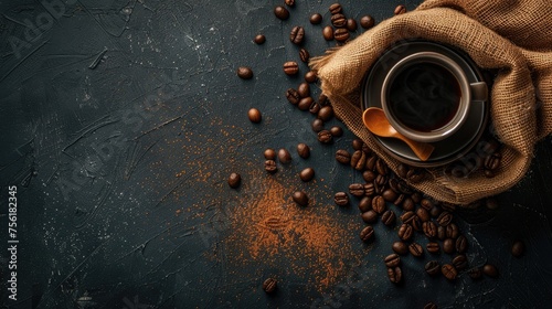 A cup of coffee and coffee beans in a sack create a cozy coffee scene. Ai Generated