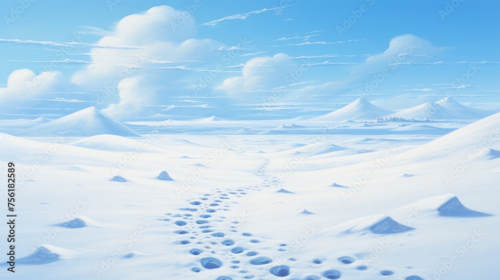 A serene snowy landscape stretches under a clear blue sky, painting a peaceful and wintry scene. Ai Generated.