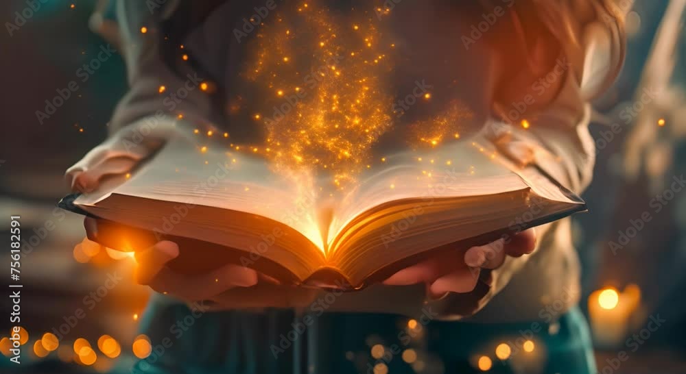 Light coming from book in woman's hands in gesture of giving, offering. Concept of wisdom, religion, reading, imagination