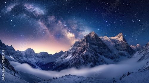 Enchanting view of the magical Milky Way above snow-capped mountains on a winter night. Ai Generated