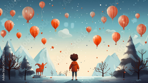 Magical Winter Dreamscape with Balloons and a Child
