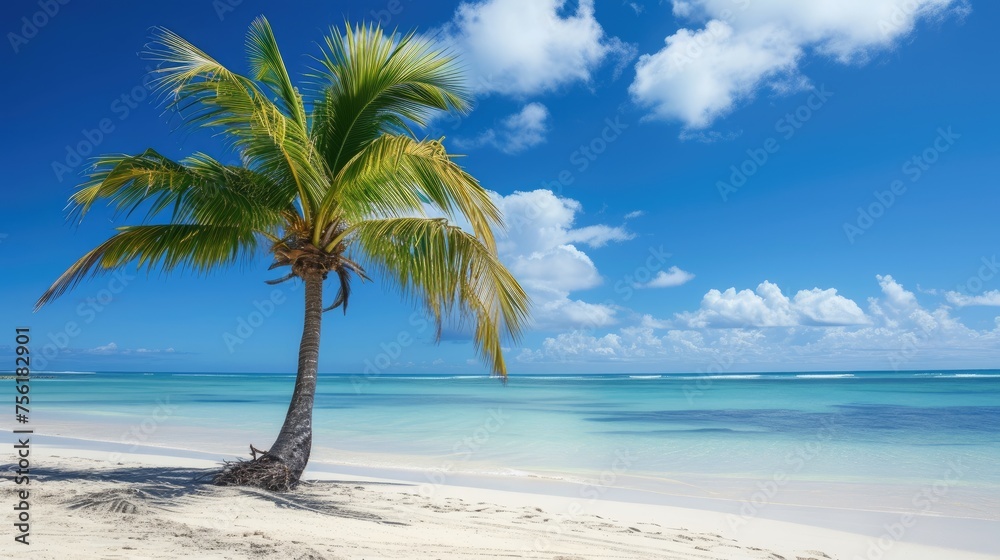 A majestic palm tree stands tall on a tropical beach, casting a graceful silhouette against the azure sky, Ai Generated A majestic palm tree stands tall on a tropical beach, casting a graceful silhouette against the azure sky, Ai Generated
