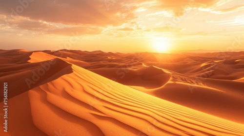 Golden hues paint the captivating Sahara Desert panorama at sunset, a breathtaking spectacle. Ai Generated © Crazy Juke