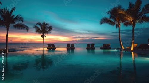 Palms chairs encircle an infinity swimming pool near the ocean at sunset, Ai Generated © Crazy Juke