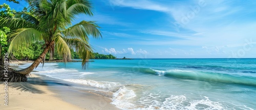 A serene panorama showcases an idyllic tropical beach with a single palm tree  epitomizing paradise. Ai Generated