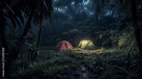Tent in the jungle at night with fog in the background.