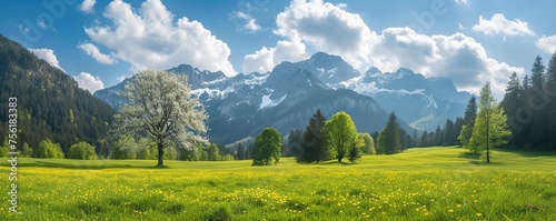 View of meadows and flowers in a mountain valley when the sky is clear