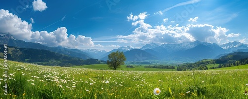 View of meadows and flowers in a mountain valley when the sky is clear © rizky