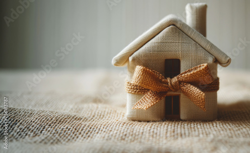 Rustic Fabric Home Model with Burlap Bow on Textured Surface