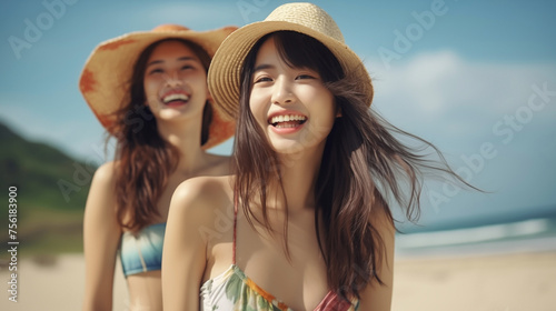 Seaside Euphoria: Two Joyful Women on the Beach 