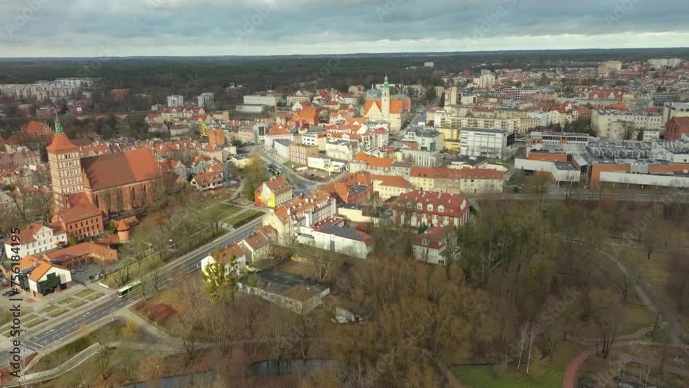 Cathedral And Town Hall Of Olsztyn In Warmia, Poland. aerial pullback shot Cathedral And Town Hall Of Olsztyn In Warmia, Poland. aerial pullback shot