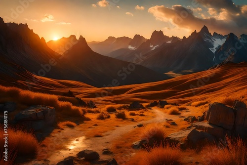 Sunset's golden glow on plateau mountains, a tranquil masterpiece in natural radiance.