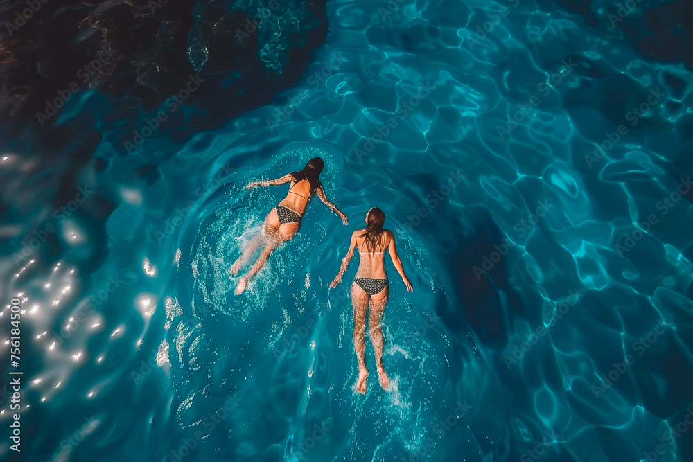 Aerial point of view of two people swimming and enjoying on the sea coast. Summer activities