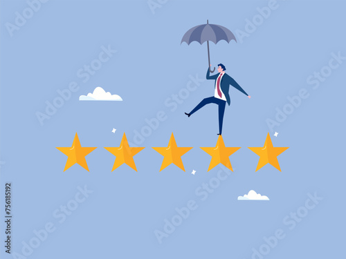 Performance review, annual employee evaluation, appraisal or rating feedback, success five stars employee, excellent feedback opinion concept, businessman balance himself on stars rating evaluation.