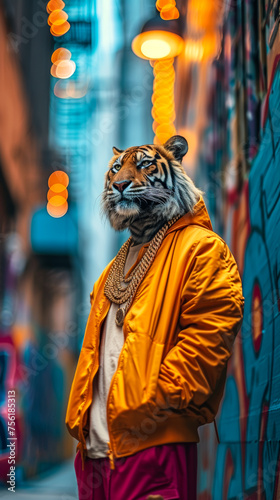 Trendsetting tiger in a bomber jacket  accessorized with gold chains  against a graffiti-filled alley backdrop  lit with streetlamp glow  exuding urban sophistication and edge