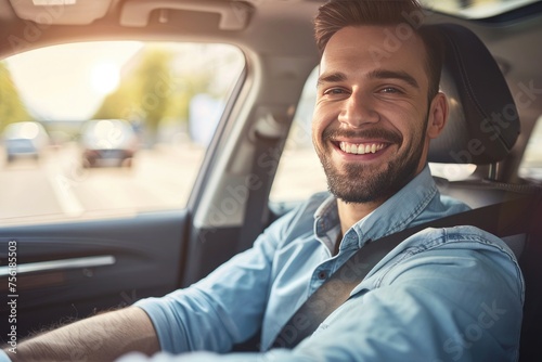 Handsome young man is driving a car and smiling. He is sitting on the steering wheel and looking at camera photo