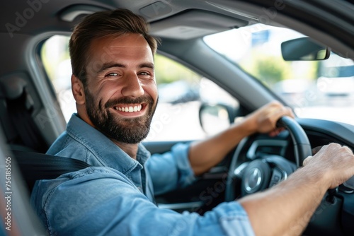 Handsome young man is driving a car and smiling. He is sitting on the steering wheel and looking at camera