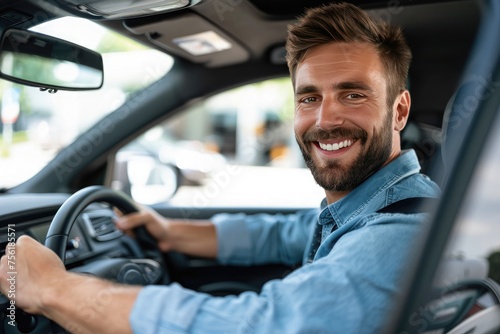 Handsome young man is driving a car and smiling. He is sitting on the steering wheel and looking at camera