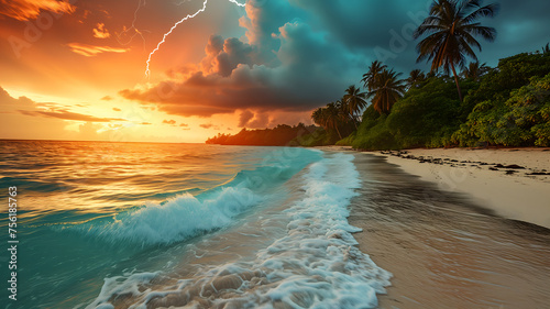 tropical beach view at cloudy stormy sunset with white sand  turquoise water and palm trees. Neural network generated image. Not based on any actual scene or pattern.