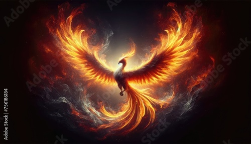 A stunning digital art illustration of a phoenix rising in a blaze of flames, symbolizing rebirth and transformation. © Preyanuch