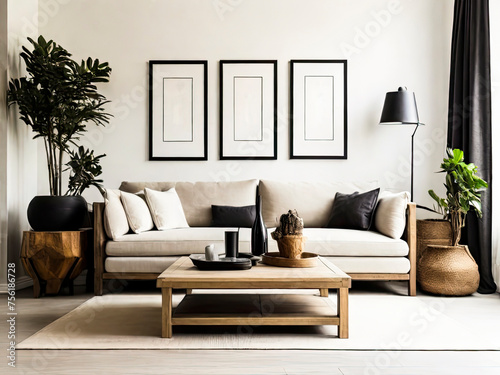 Blank Poster Frame mockup on white wall living room, modern interior with plant, tea Table, White sofa