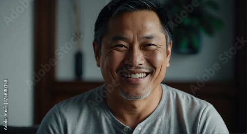 Portrait of handsome mid age single asian man smiling looking at the camera, living room background from Generative AI