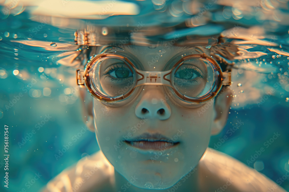 a kid in goggles and cap swimming underwater in pool