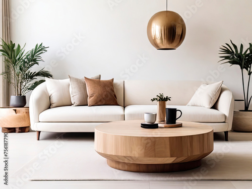 Blank Poster Frame mockup on white wall living room, modern interior with plant, tea Table, White sofa