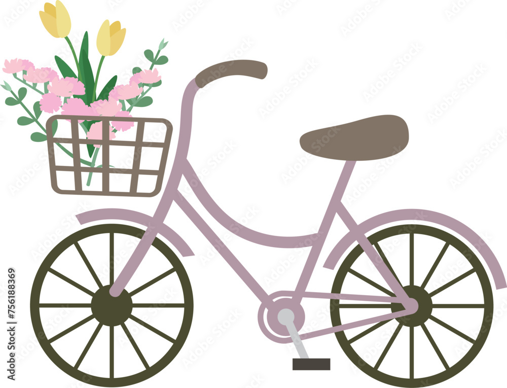 花を飾っている自転車のシンプルなイラスト素材