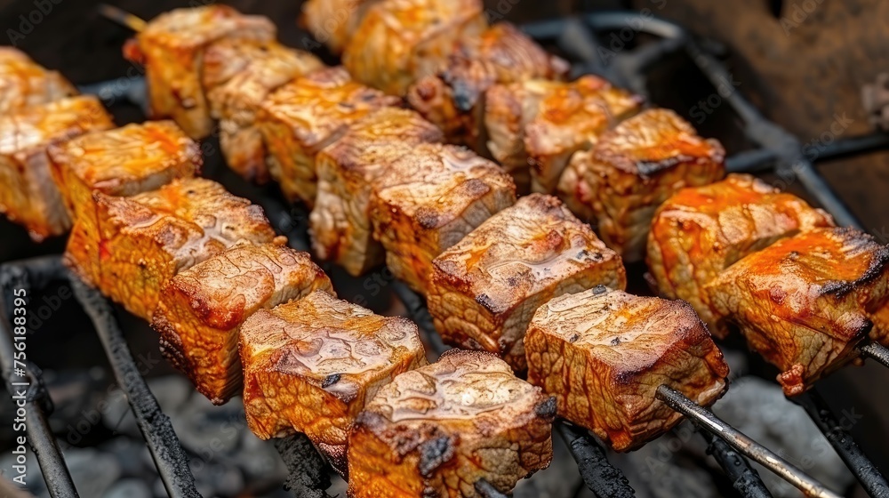 Succulent pork belly skewers grilling over charcoals.