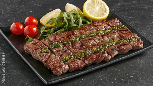Grilled steak sliced on a plate with arugula and tomatoes.