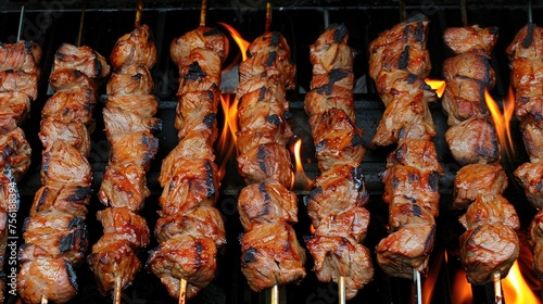 Sizzling skewers of meat grilling over an open flame.