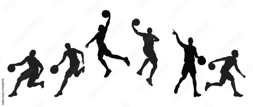 Basketball player. Silhouettes of people playing basketball on a white background. Graphic images for designers and for decorating their work. Vector illustration.