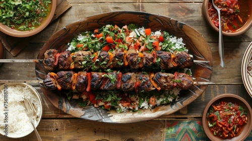Char-grilled skewers on rice with fresh herbs, side of salsa in rustic setting.