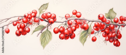 Trance painting of red berries on a bush branch in colored pencil sketch style. Interior decor .