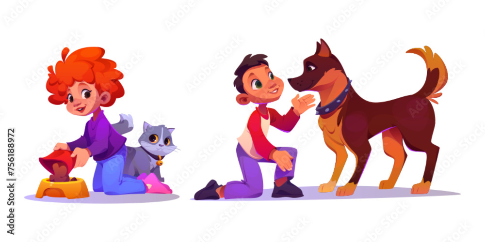 Children take care of their pets. Cartoon vector illustration set of friendship between happy kids and domestic animals - girl pours food into cat bowl, boy trains dog. Toddler play with pet.