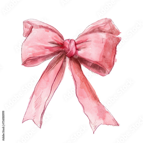 An elegant pink bow rendered in delicate watercolor strokes, this minimalist illustration exudes softness and femininity, perfect for themes of gift-giving, celebrations, and fashion photo