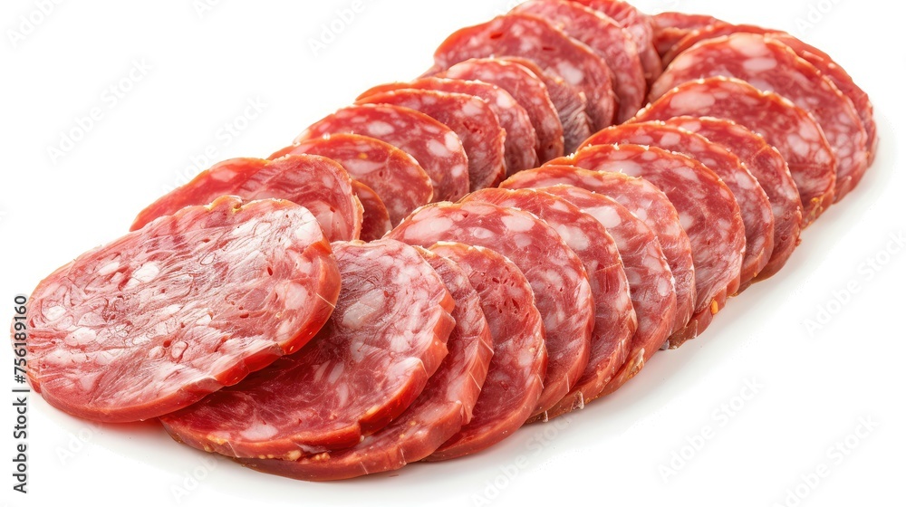 Neatly arranged sliced salami on a plain white background. Neatly arranged sliced salami on a plain white background.