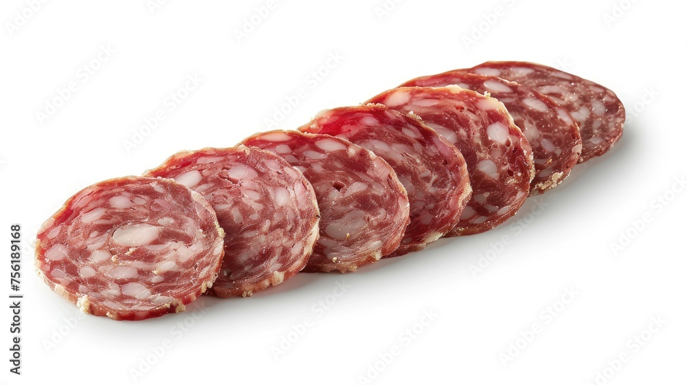 Close-up of sliced salami isolated on a white background. Close-up of sliced salami isolated on a white background.