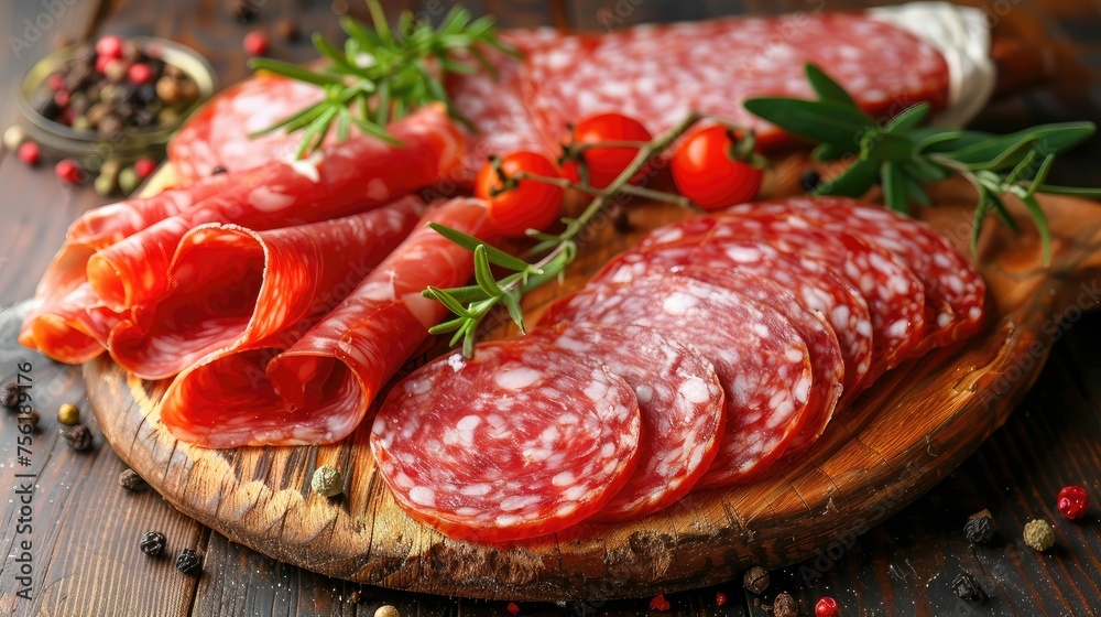 A wooden board with bresaola and salami, tomatoes, and rosemary. A wooden board with bresaola and salami, tomatoes, and rosemary.