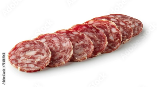 Close-up of sliced salami isolated on a white background.