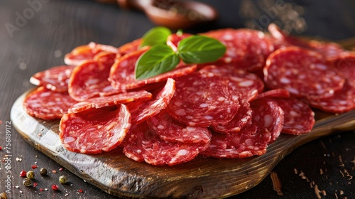 Artfully arranged salami slices with basil on a rustic wooden board.