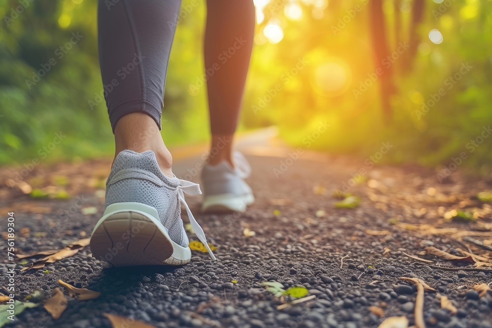 A woman is walking on a path with her feet on the ground