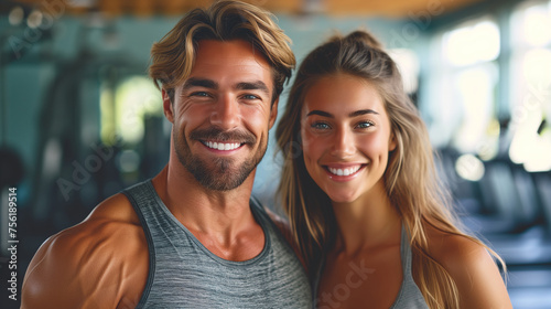 Training, coaching. Portrait of a positive man and woman posing for a photo in the gym