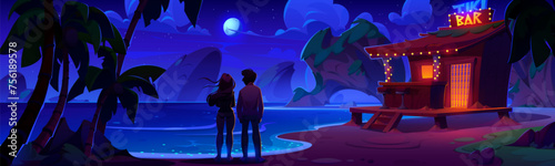 Young couple stand near tiki bar on shore of tropical lagoon at night under moon light. Cartoon dusk landscape of sea or ocean sandy beach with wooden hut cafe and back view of man and woman.