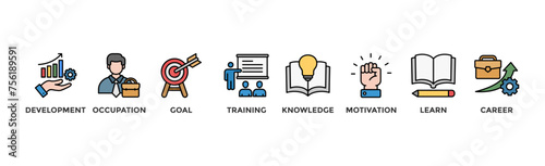 New skills banner web icon vector illustration concept with icon of development, occupation, goal, training, knowledge, motivation, learn and career	