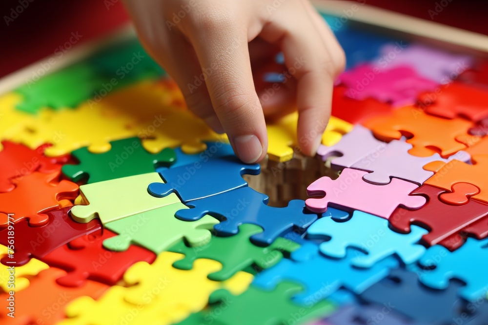 A team of businessmen assembles a multi-colored business puzzle, the details of which depict industrial enterprises A team of businessmen assembles a multi-colored business puzzle, the details of which depict industrial enterprises